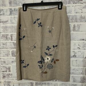 Casual Corner Womens Linen Pencil Skirt Beige Floral  Embroidered Cottagecore 10